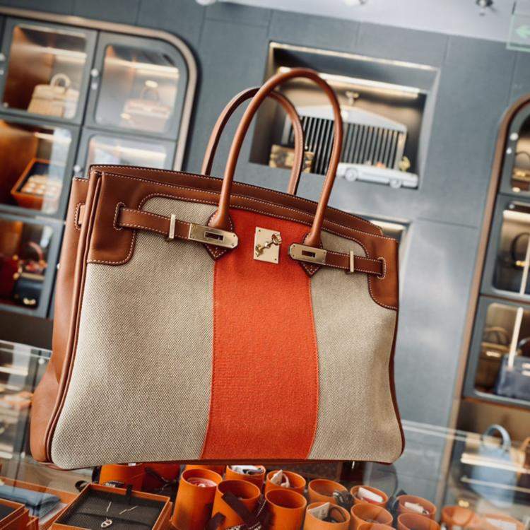Pre Owned Hermes Fauve, Naturel and Paprika Toile and Barenia Flag Birkin 35 Handbag