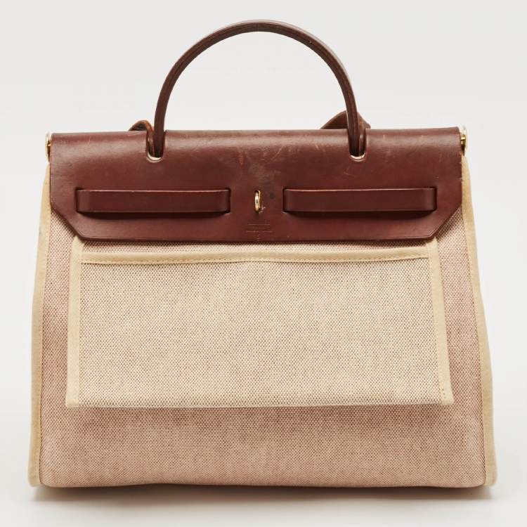 Pre Owned Hermès Marron Fonce Toile Canvas and Leather Herbag 31 Bag
