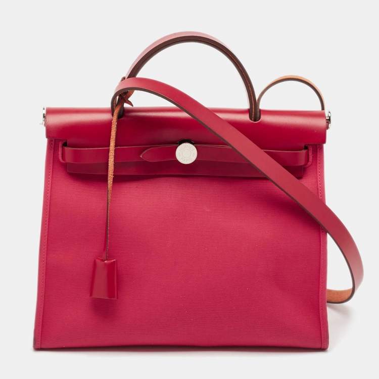 Pre Owned Hermes Rose Extreme/Rouge Venetian/Rouge Piment Toile Militaire and Vache Hunter Herbag 31 Bag