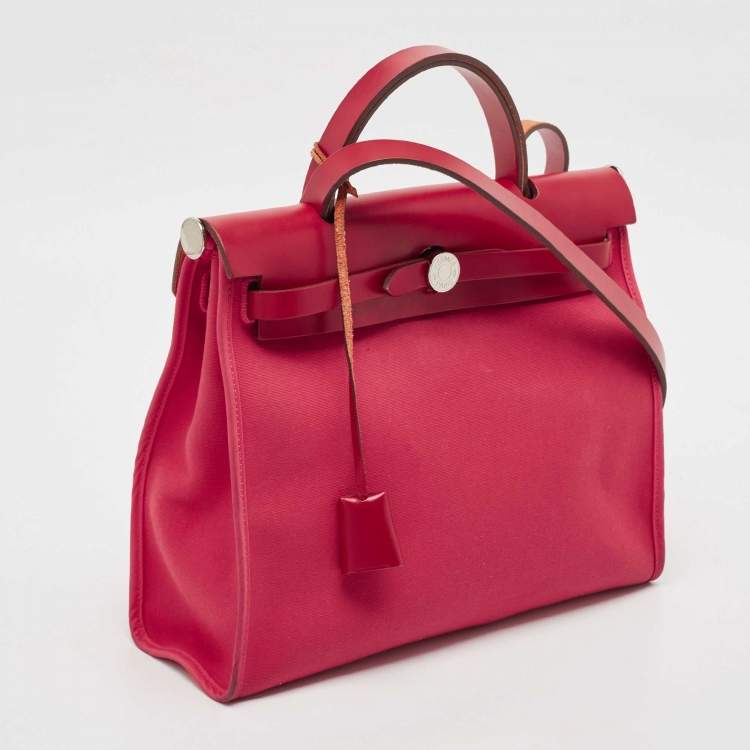 Pre Owned Hermes Rose Extreme/Rouge Venetian/Rouge Piment Toile Militaire and Vache Hunter Herbag 31 Bag