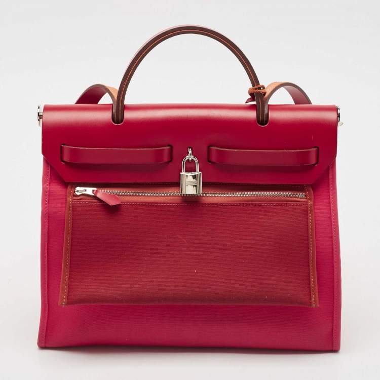 Pre Owned Hermes Rose Extreme/Rouge Venetian/Rouge Piment Toile Militaire and Vache Hunter Herbag 31 Bag