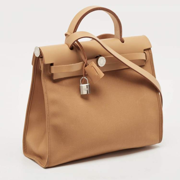 Pre Owned Hermes Dune/Naturel Sable/Orange Toile H and Vache Hunter Herbag Zip 31 Bag