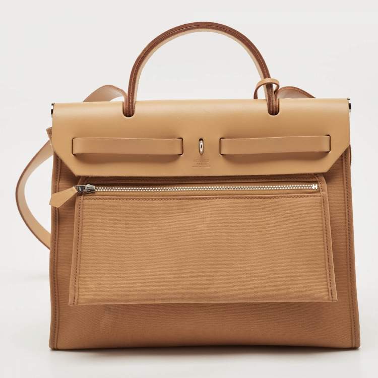 Pre Owned Hermes Dune/Naturel Sable/Orange Toile H and Vache Hunter Herbag Zip 31 Bag