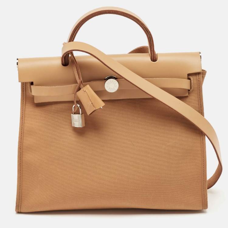 Pre Owned Hermes Dune/Naturel Sable/Orange Toile H and Vache Hunter Herbag Zip 31 Bag