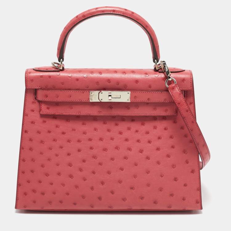 Pre Owned Hermes Bougainvillier Ostrich Palladium Finish Kelly Sellier 28 Bag