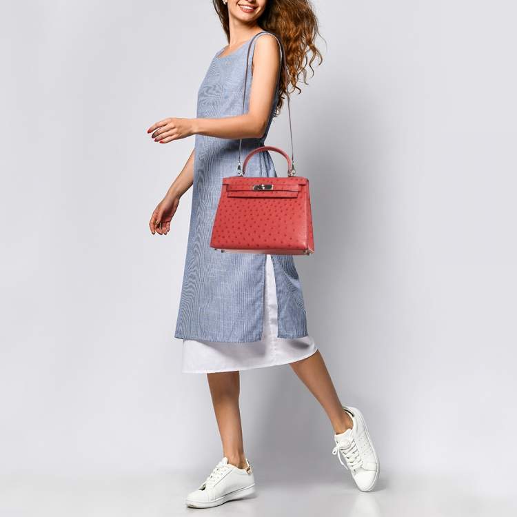 Pre Owned Hermes Bougainvillier Ostrich Palladium Finish Kelly Sellier 28 Bag