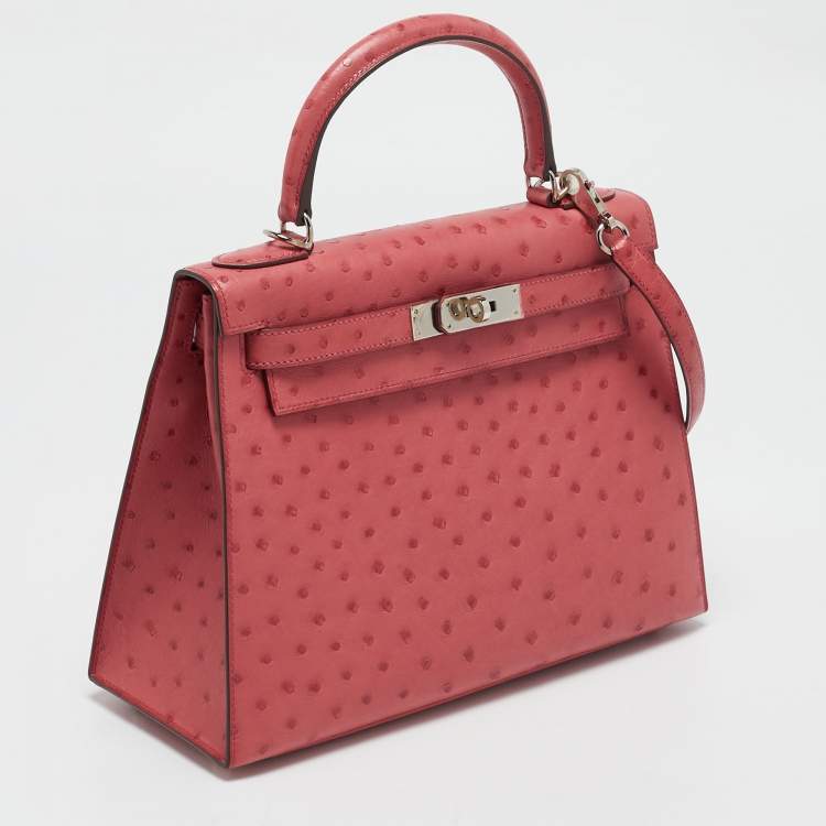 Pre Owned Hermes Bougainvillier Ostrich Palladium Finish Kelly Sellier 28 Bag