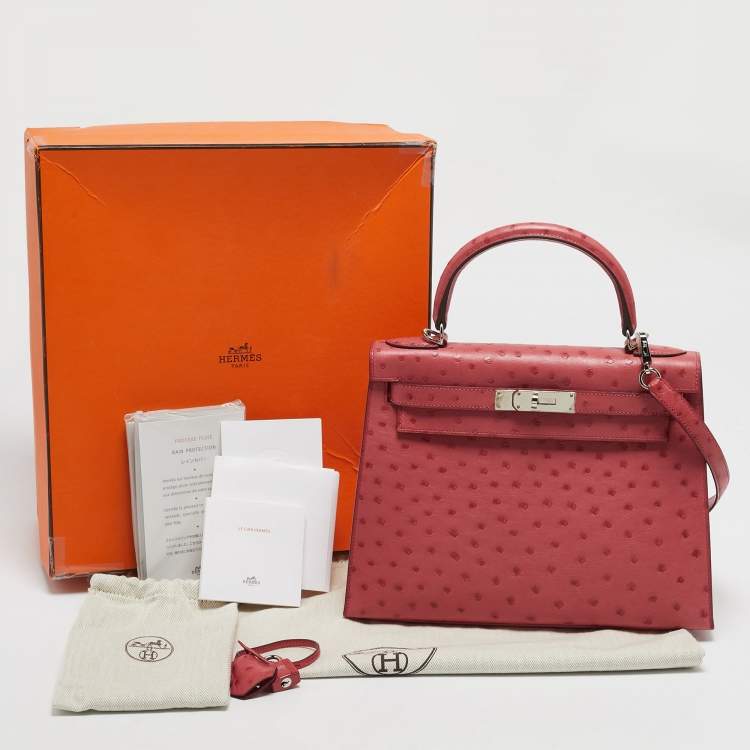 Pre Owned Hermes Bougainvillier Ostrich Palladium Finish Kelly Sellier 28 Bag
