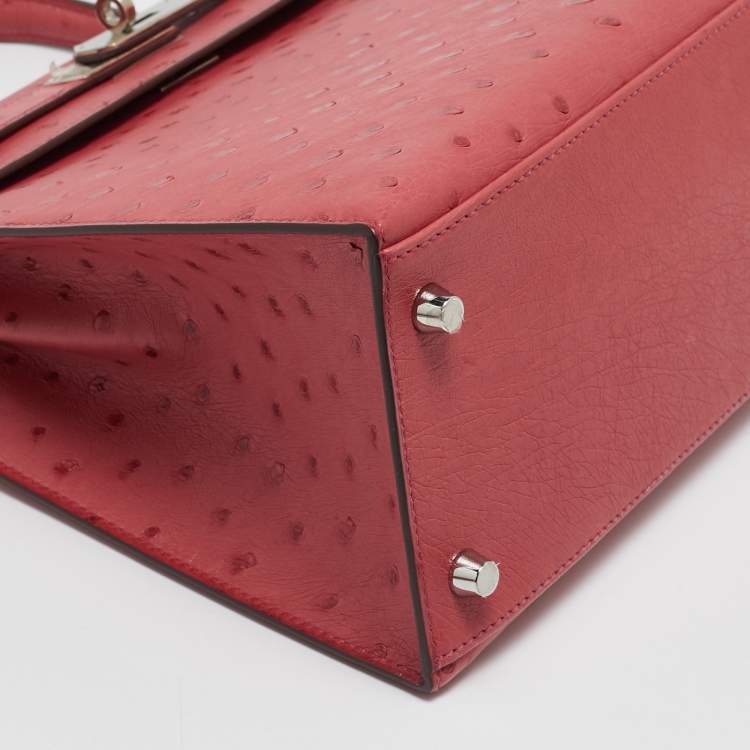 Pre Owned Hermes Bougainvillier Ostrich Palladium Finish Kelly Sellier 28 Bag