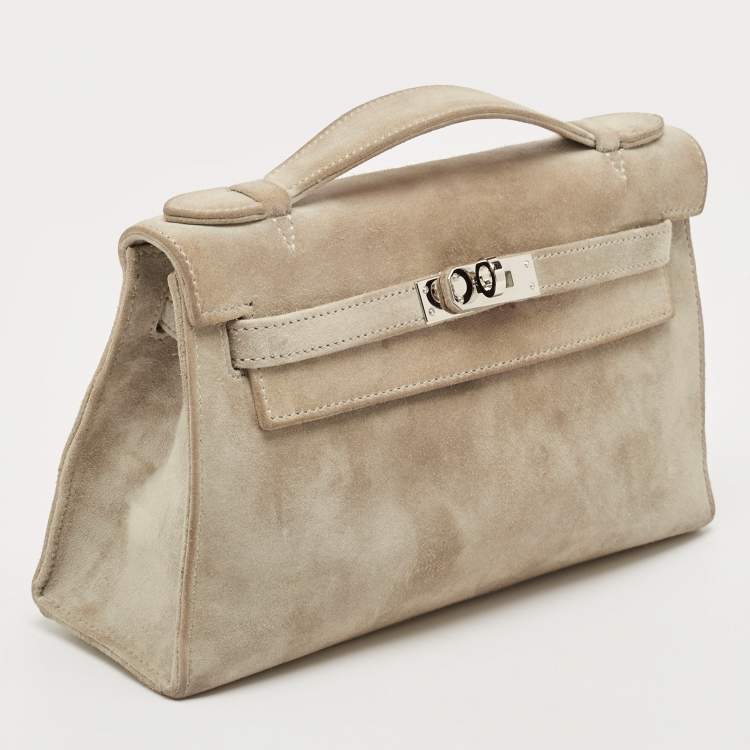 Pre Owned Hermes Gris Pale Doblis Palladium Finish Kelly Pochette