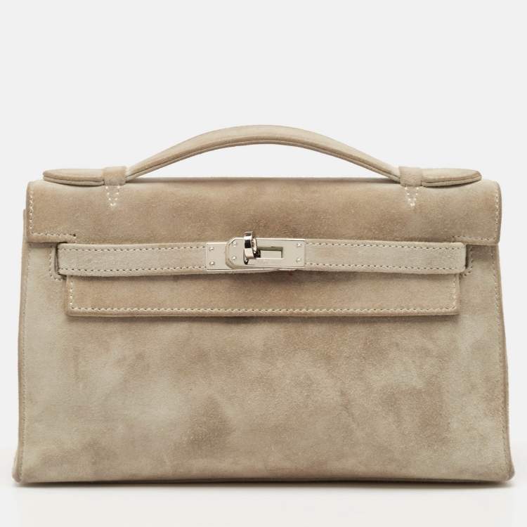 Pre Owned Hermes Gris Pale Doblis Palladium Finish Kelly Pochette