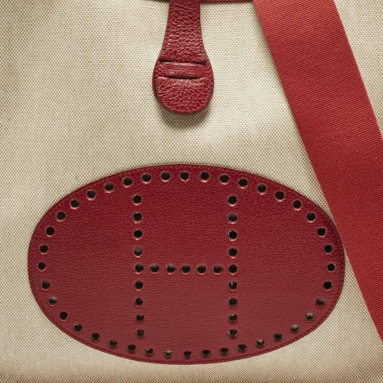 Pre Owned Hermes Evelyne I GM Ecru/Rouge Coated Canvas and Leather Shoulder Bag