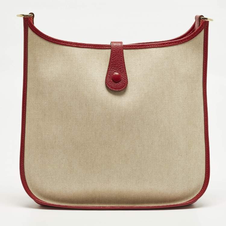 Pre Owned Hermes Evelyne I GM Ecru/Rouge Coated Canvas and Leather Shoulder Bag