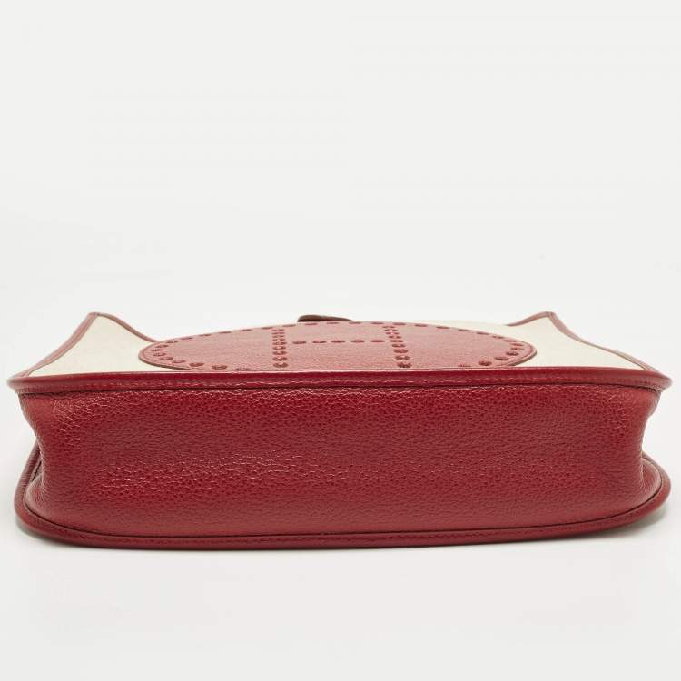 Pre Owned Hermes Evelyne I GM Ecru/Rouge Coated Canvas and Leather Shoulder Bag