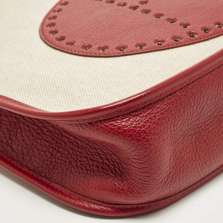 Pre Owned Hermes Evelyne I GM Ecru/Rouge Coated Canvas and Leather Shoulder Bag