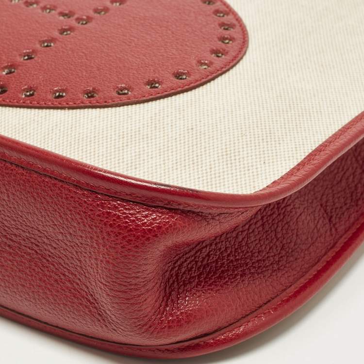Pre Owned Hermes Evelyne I GM Ecru/Rouge Coated Canvas and Leather Shoulder Bag
