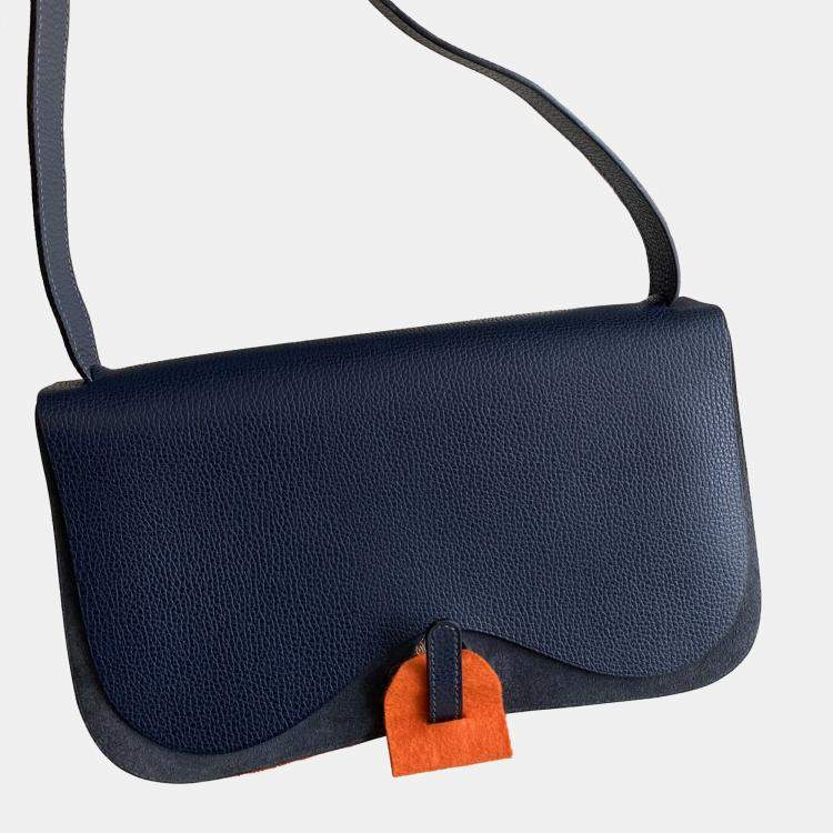 Pre Owned Hermes Colorado Canvas Leather Trim Dark Blue Saddle Bag