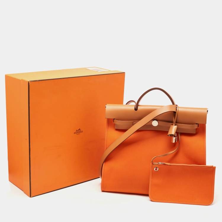 Pre Owned Hermès Orange/Natural Toile and Vache Hunter Herbag Zip 39 Bag