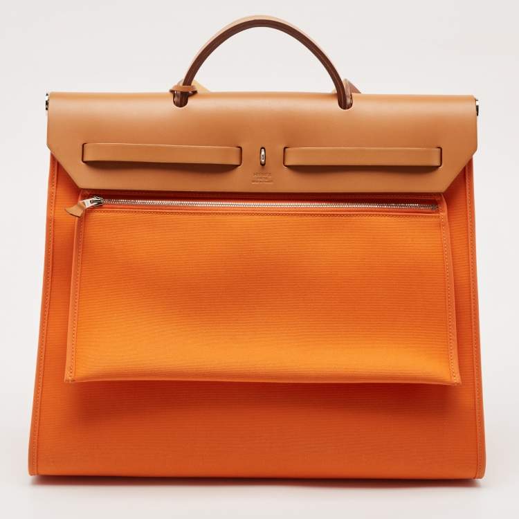 Pre Owned Hermès Orange/Natural Toile and Vache Hunter Herbag Zip 39 Bag