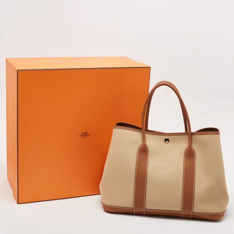 Pre Owned Hermes Trench/Gold Toile H and Negonda Leather Garden Party 36 Bag