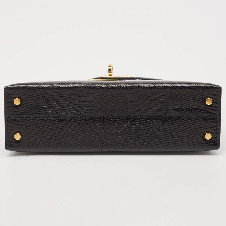 Pre Owned Hermes Noir Lizard Niloticus Gold Finish Mini Kelly II Sellier 20 Bag