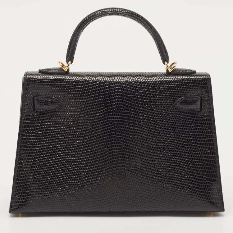 Pre Owned Hermes Noir Lizard Niloticus Gold Finish Mini Kelly II Sellier 20 Bag
