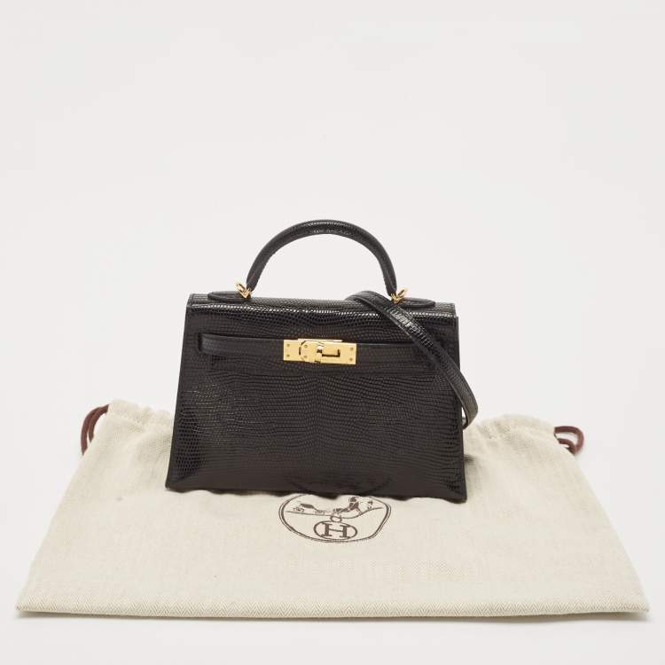 Pre Owned Hermes Noir Lizard Niloticus Gold Finish Mini Kelly II Sellier 20 Bag