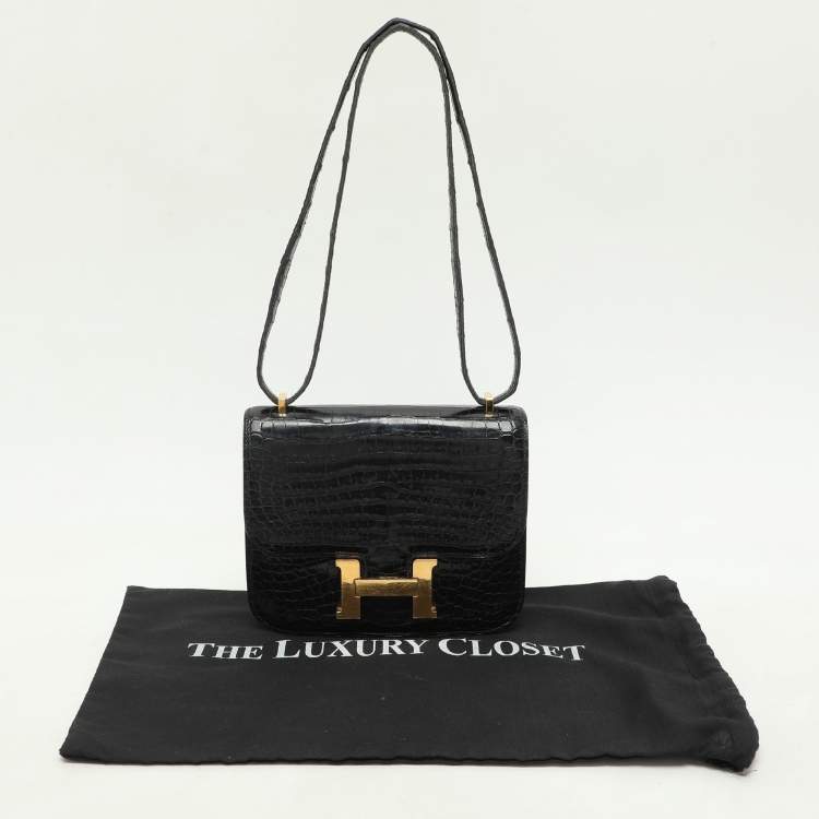 Pre Owned Hermes Black Crocodile Porosus Constance Gold Finish Constance 18 Bag