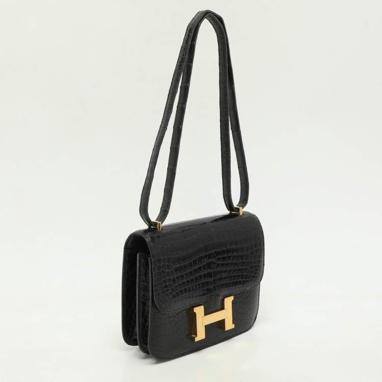 Pre Owned Hermes Black Crocodile Porosus Constance Gold Finish Constance 18 Bag