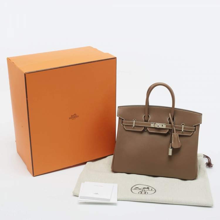Pre Owned Hermes Etoupe Tadelakt Leather Palladium Finish Birkin 25 Bag