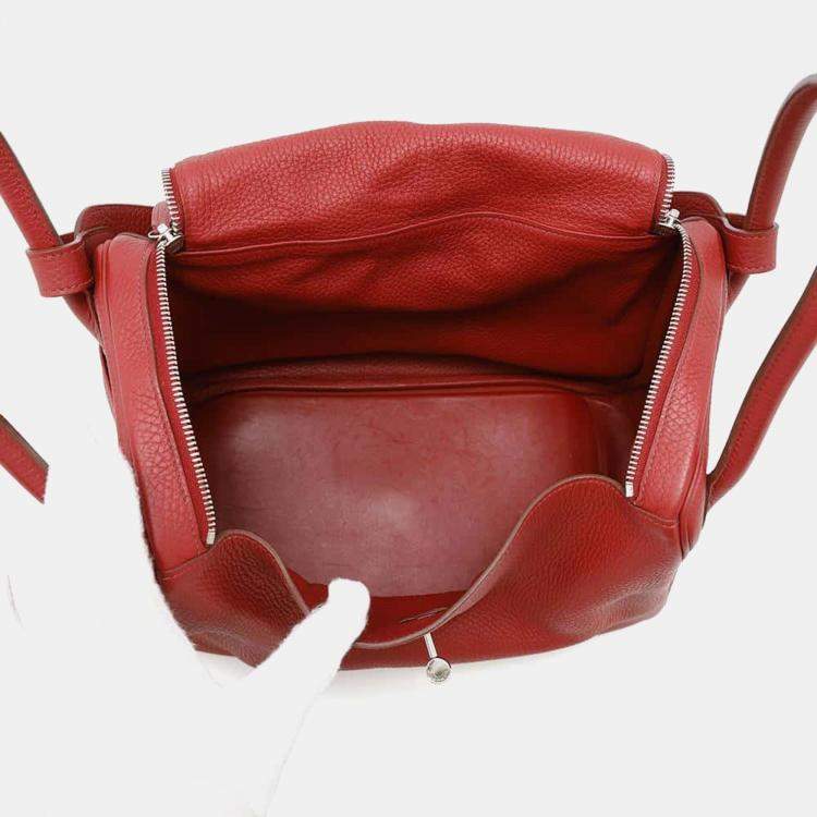 Pre Owned Hermes Rouge Casaque Taurillon Clemence Leather Lindy 34 Shoulder Bag