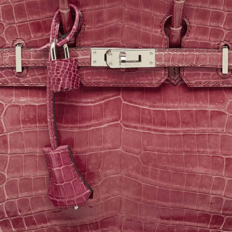 Pre Owned Hermes Rose Tyrien Shiny Niloticus Crocodile Palladium Finish Birkin 25 Bag