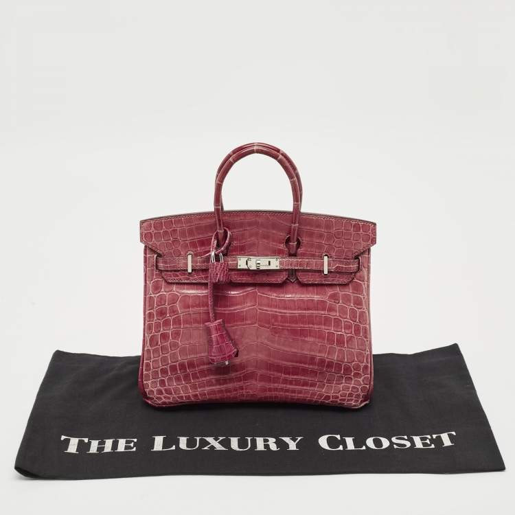Pre Owned Hermes Rose Tyrien Shiny Niloticus Crocodile Palladium Finish Birkin 25 Bag
