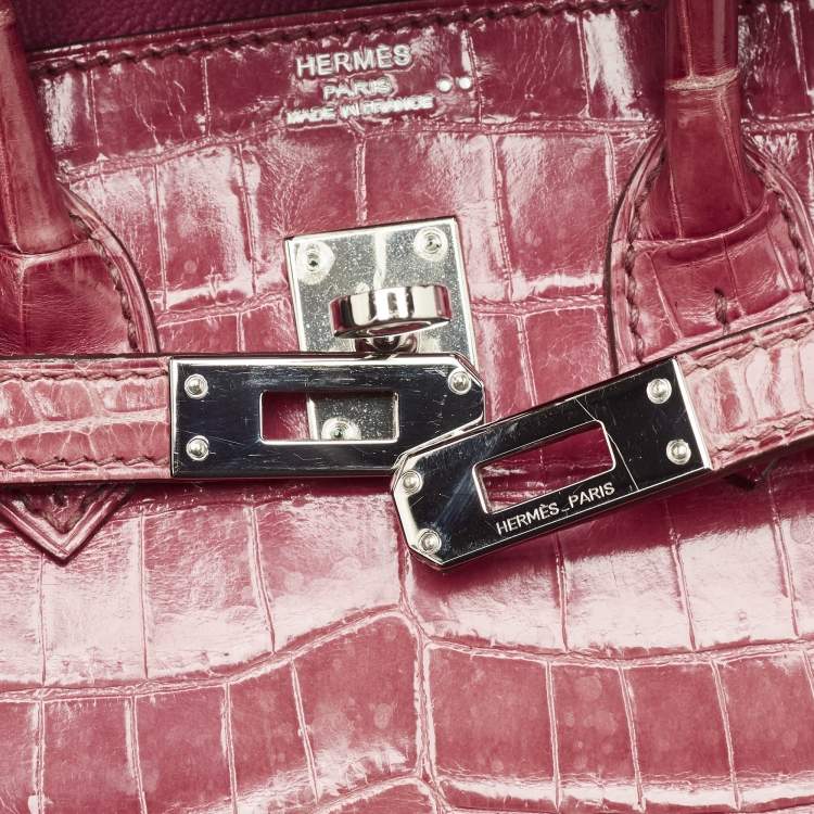 Pre Owned Hermes Rose Tyrien Shiny Niloticus Crocodile Palladium Finish Birkin 25 Bag