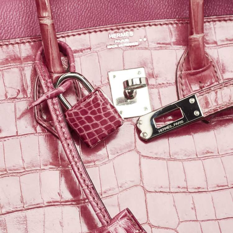 Pre Owned Hermes Rose Tyrien Shiny Niloticus Crocodile Palladium Finish Birkin 25 Bag