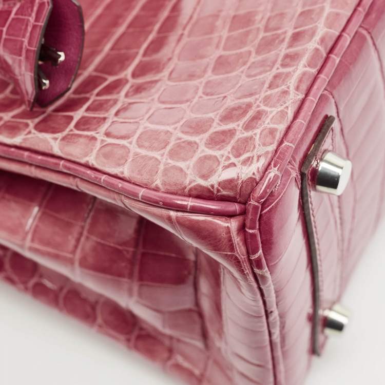 Pre Owned Hermes Rose Tyrien Shiny Niloticus Crocodile Palladium Finish Birkin 25 Bag