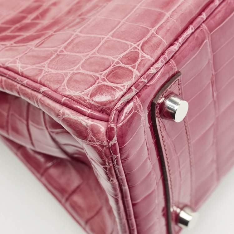 Pre Owned Hermes Rose Tyrien Shiny Niloticus Crocodile Palladium Finish Birkin 25 Bag