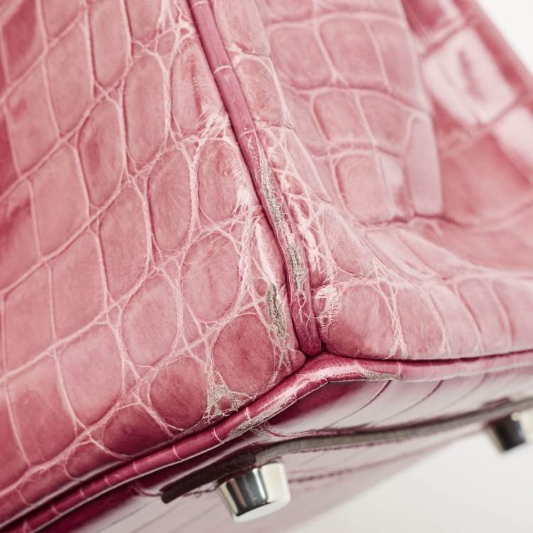 Pre Owned Hermes Rose Tyrien Shiny Niloticus Crocodile Palladium Finish Birkin 25 Bag