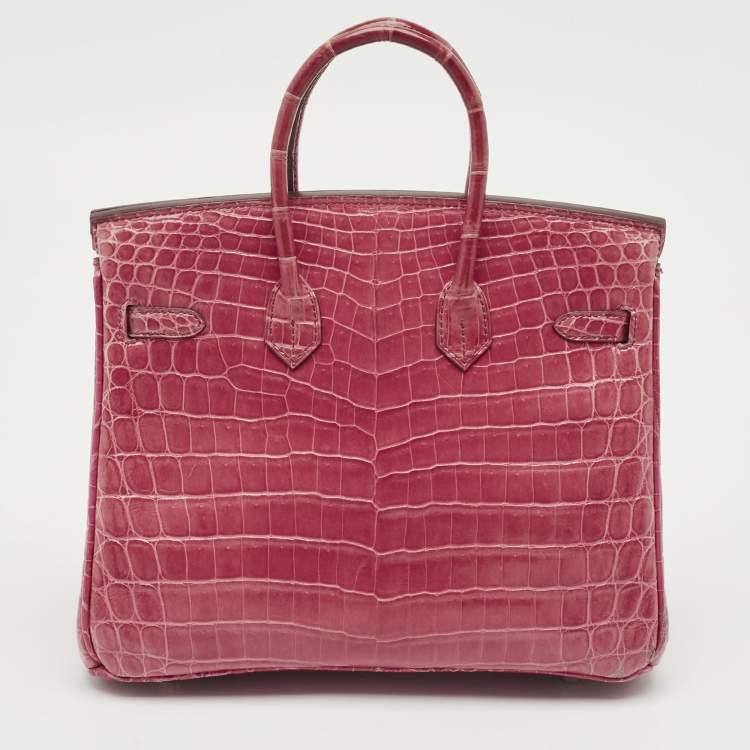 Pre Owned Hermes Rose Tyrien Shiny Niloticus Crocodile Palladium Finish Birkin 25 Bag