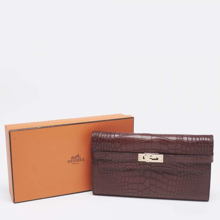 Pre Owned Hermes Bourgogne Matte Alligator Kelly Longue Wallet