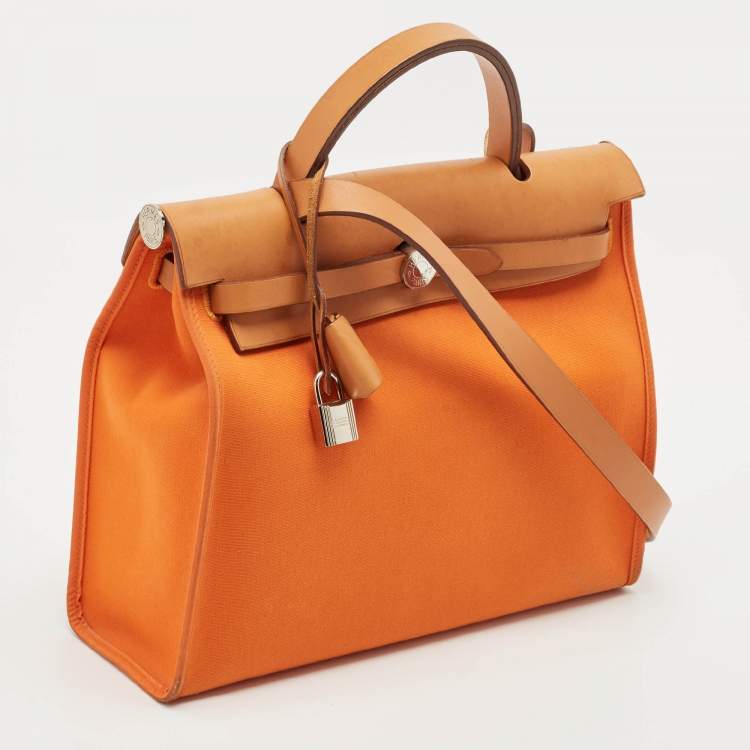 Pre Owned Hermes Orange/Natural Toile and Vache Hunter Herbag 31 Bag