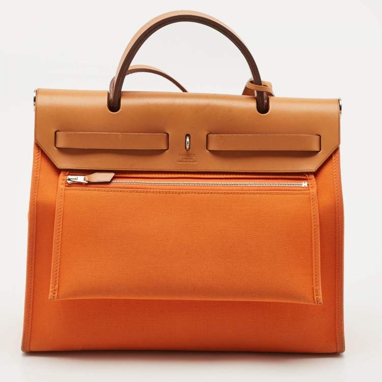 Pre Owned Hermes Orange/Natural Toile and Vache Hunter Herbag 31 Bag