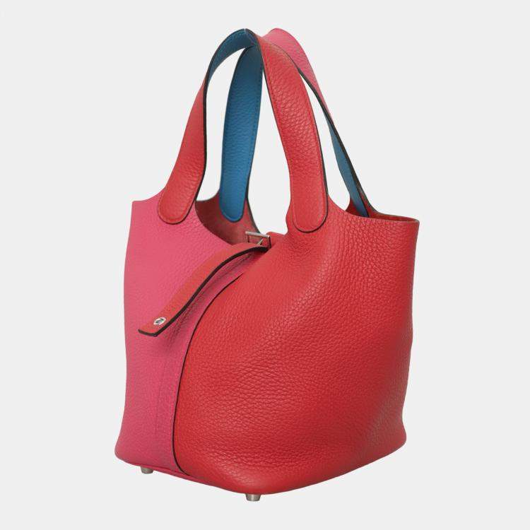Pre Owned Hermes Rouge de Coeur, Rose Extreme & Bleu Zanzibar Clemence Leather Picotin Lock 18 Bag