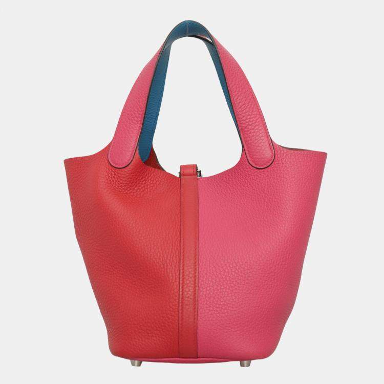 Pre Owned Hermes Rouge de Coeur, Rose Extreme & Bleu Zanzibar Clemence Leather Picotin Lock 18 Bag