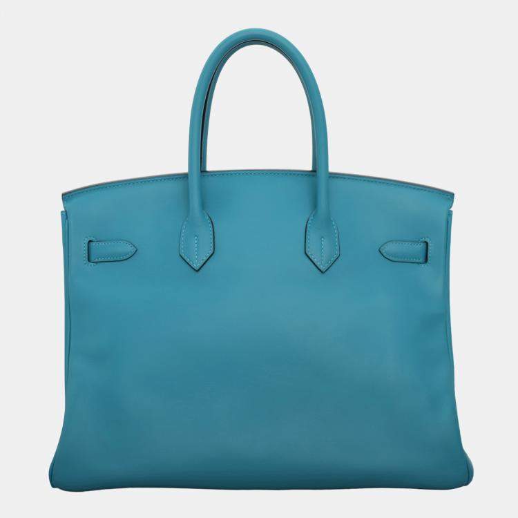 Pre Owned Hermes Turquoise Swift Calfskin Birkin 35 Top Handle Bag