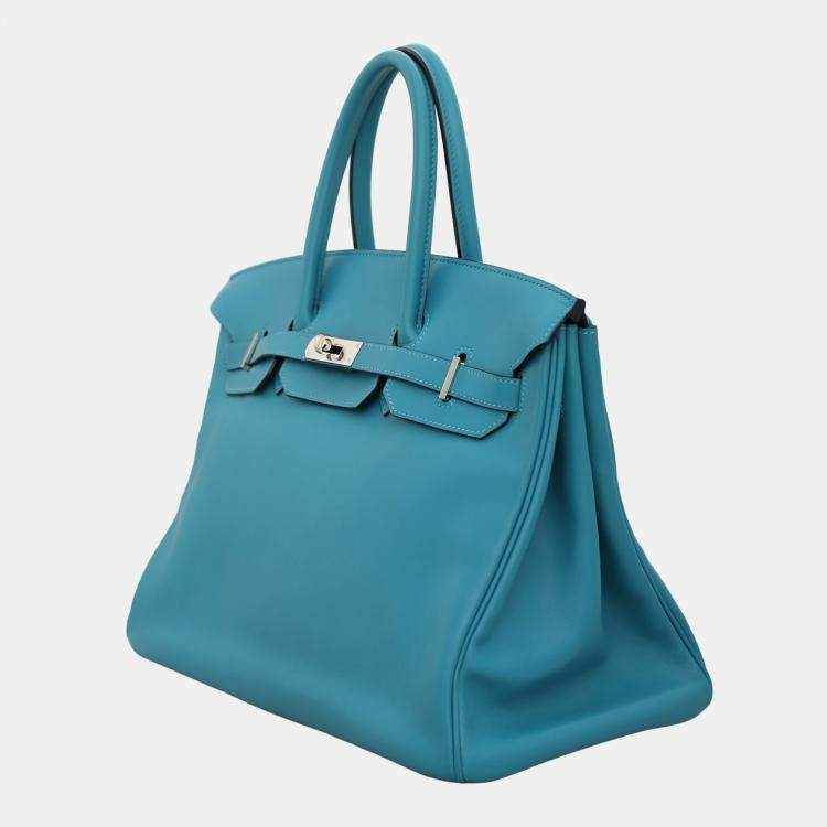 Pre Owned Hermes Turquoise Swift Calfskin Birkin 35 Top Handle Bag