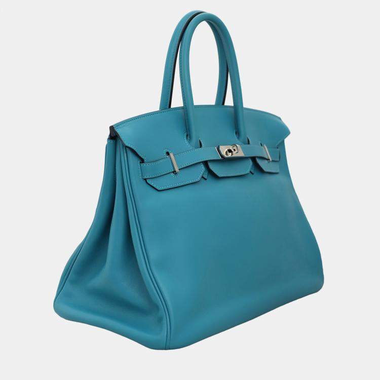 Pre Owned Hermes Turquoise Swift Calfskin Birkin 35 Top Handle Bag