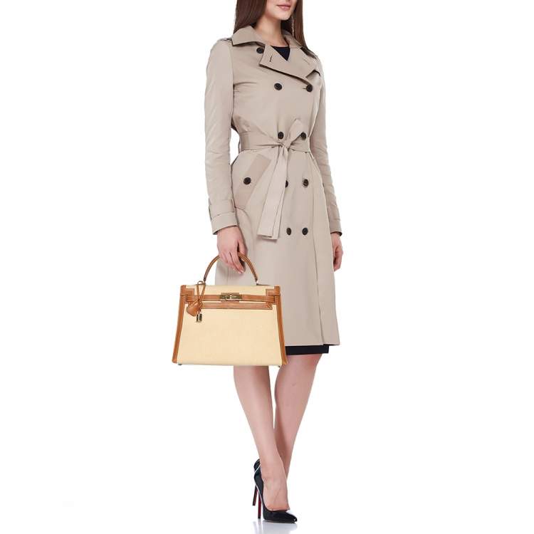 Pre Owned Hermes Natural Barenia Leather and Toile Canvas Gold Hardware Kelly Sellier 32 Bag