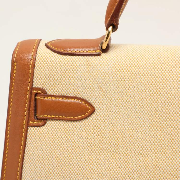 Pre Owned Hermes Natural Barenia Leather and Toile Canvas Gold Hardware Kelly Sellier 32 Bag