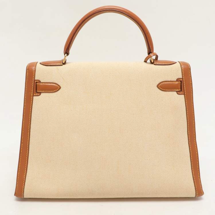 Pre Owned Hermes Natural Barenia Leather and Toile Canvas Gold Hardware Kelly Sellier 32 Bag